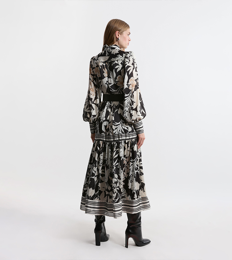 Floral Printed Pleated Tie Neck Woven Midaxi Dress