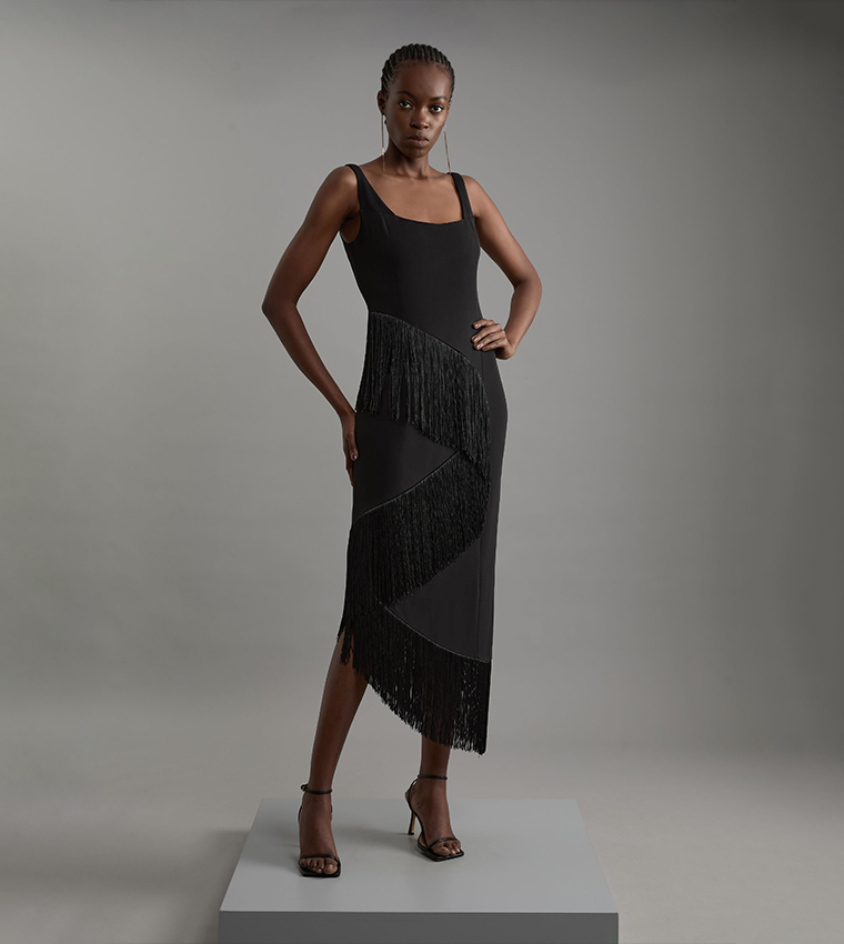 Fringe Tassel Drape Tailored Pencil Midi Dress