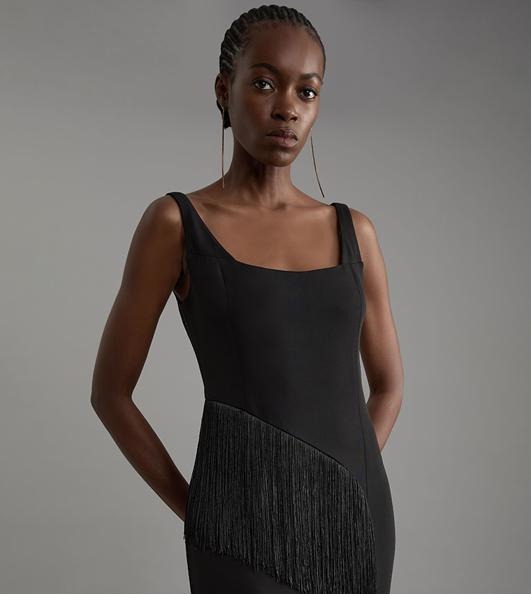 Fringe Tassel Drape Tailored Pencil Midi Dress