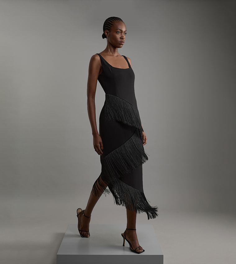 Fringe Tassel Drape Tailored Pencil Midi Dress