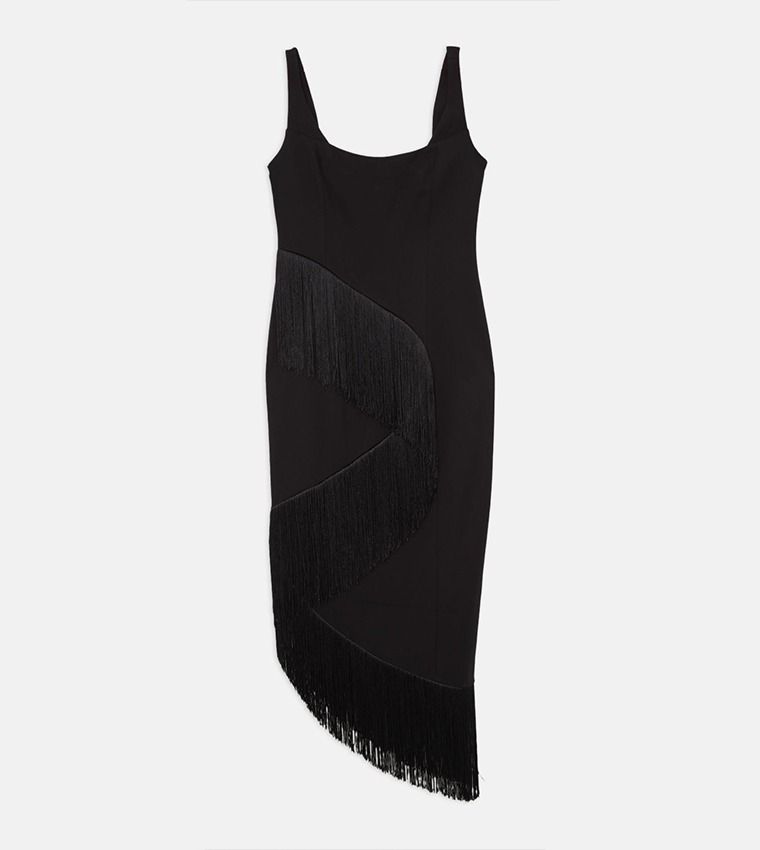 Fringe Tassel Drape Tailored Pencil Midi Dress