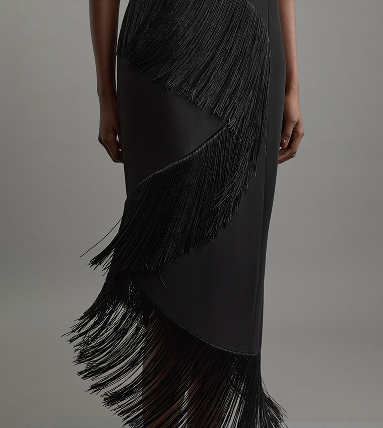 Fringe Tassel Drape Tailored Pencil Midi Dress