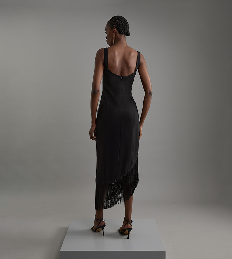 Fringe Tassel Drape Tailored Pencil Midi Dress