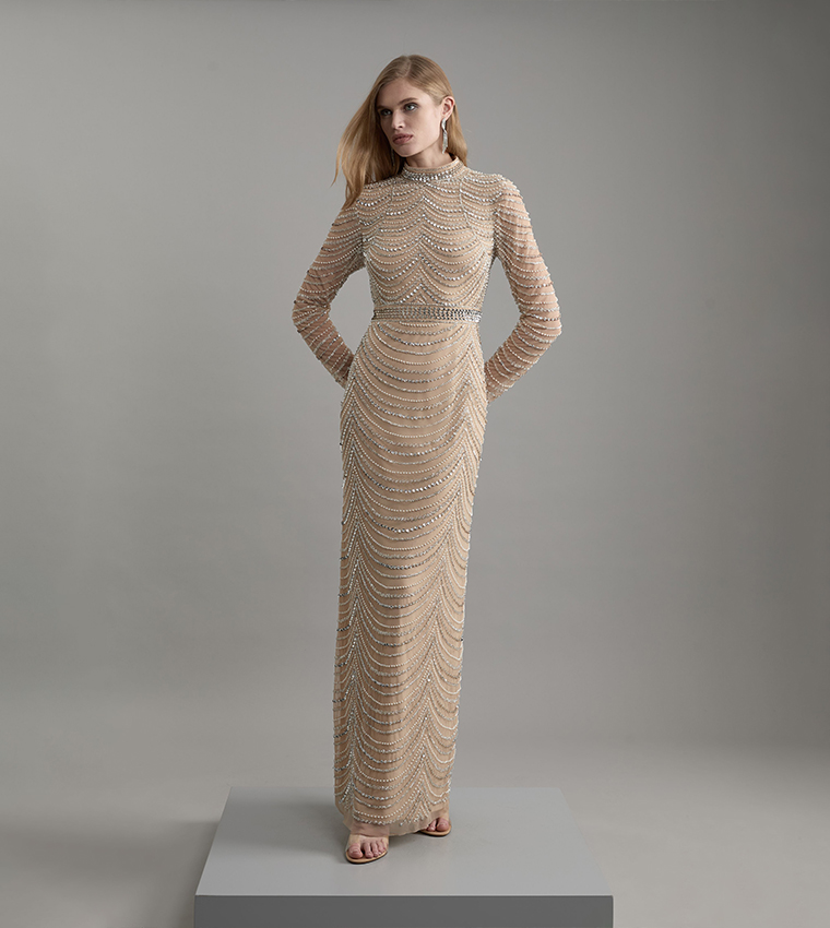 Petite Embellished Woven Long Sleeves Maxi Dress
