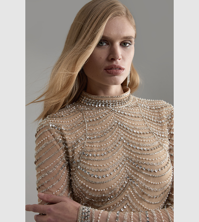 Petite Embellished Woven Long Sleeves Maxi Dress