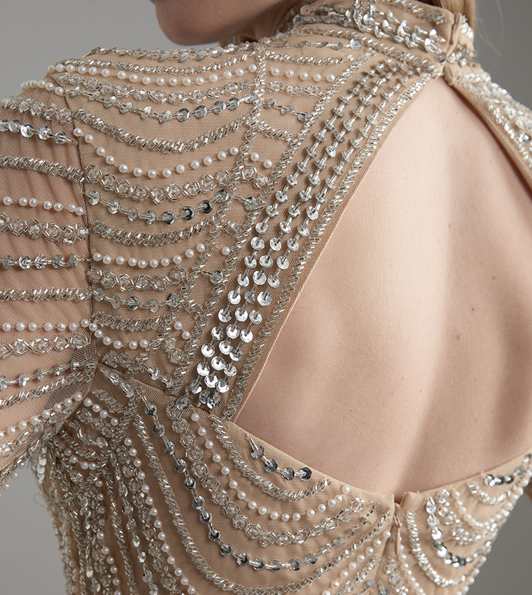 Petite Embellished Woven Long Sleeves Maxi Dress