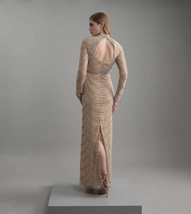 Petite Embellished Woven Long Sleeves Maxi Dress