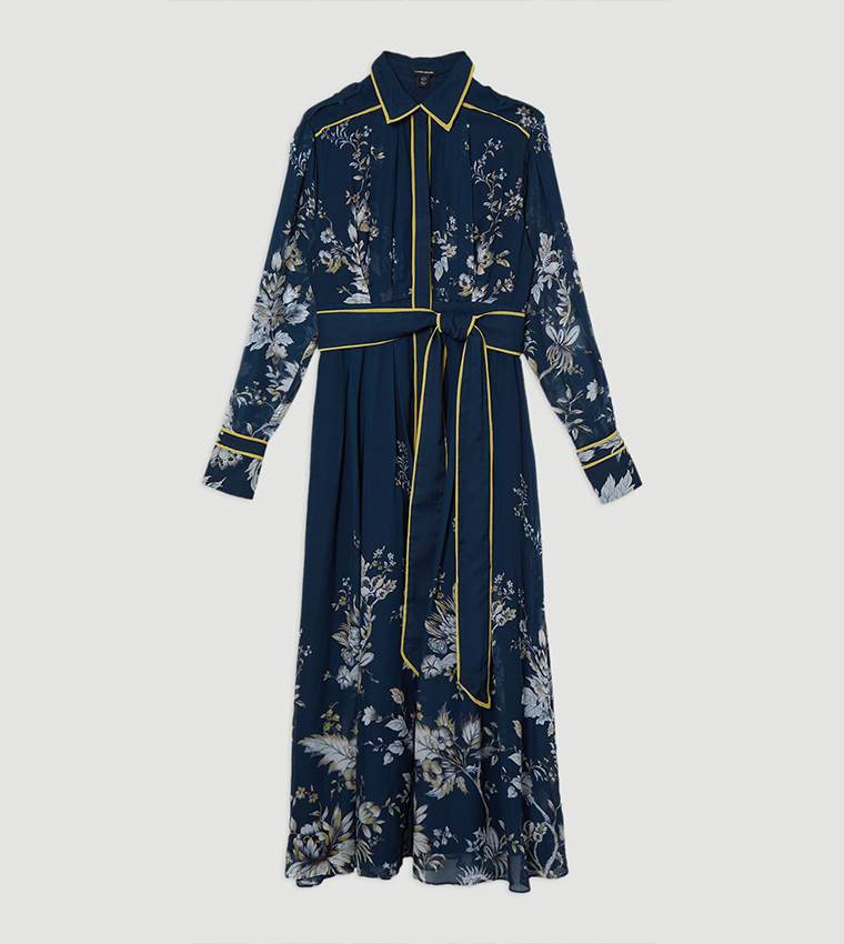 Printed Woven Balloon Sleeves Shirt Maxi Dress