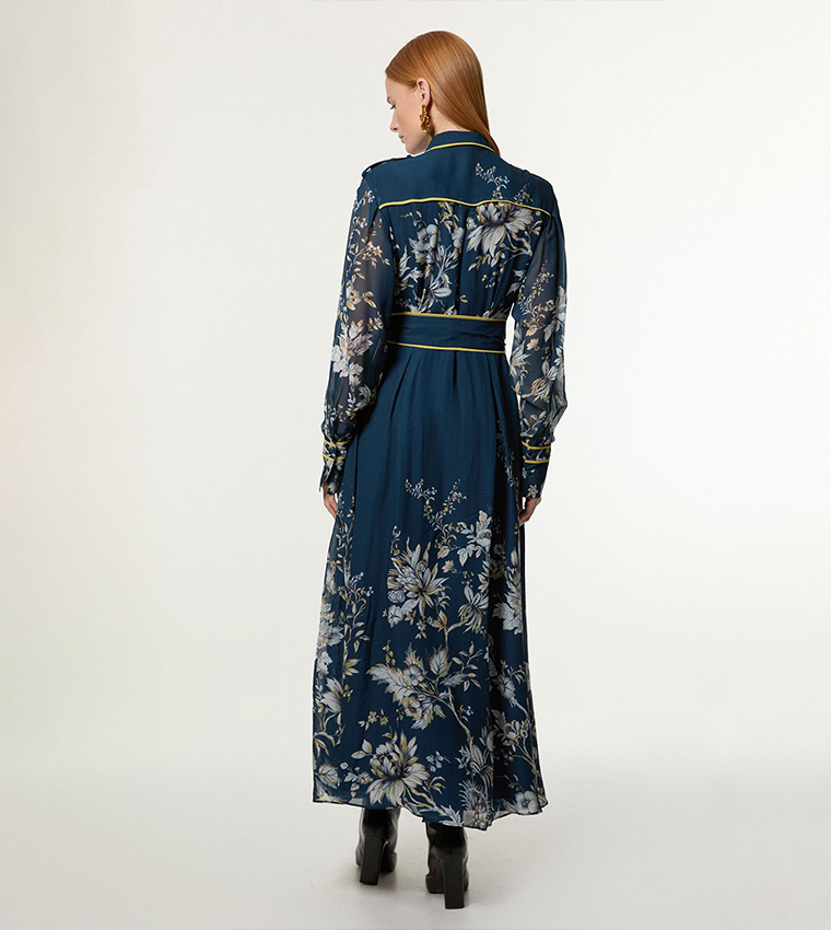 Printed Woven Balloon Sleeves Shirt Maxi Dress