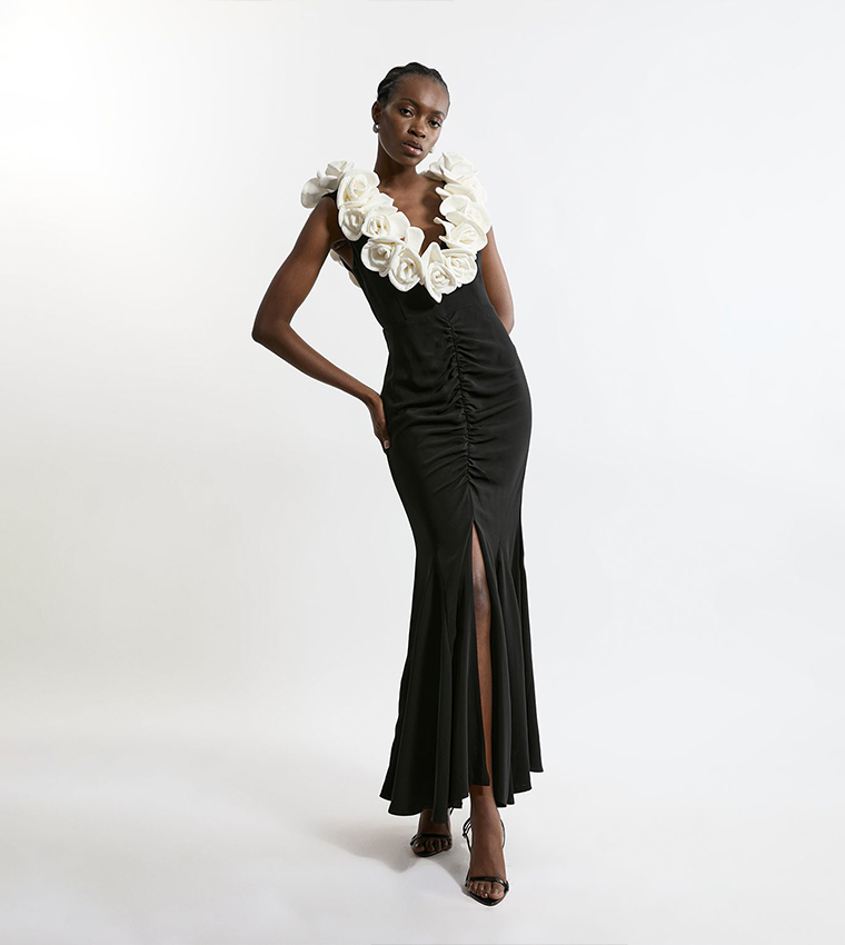 Compact Stretch Viscose Rosette Tailored Maxi Dress