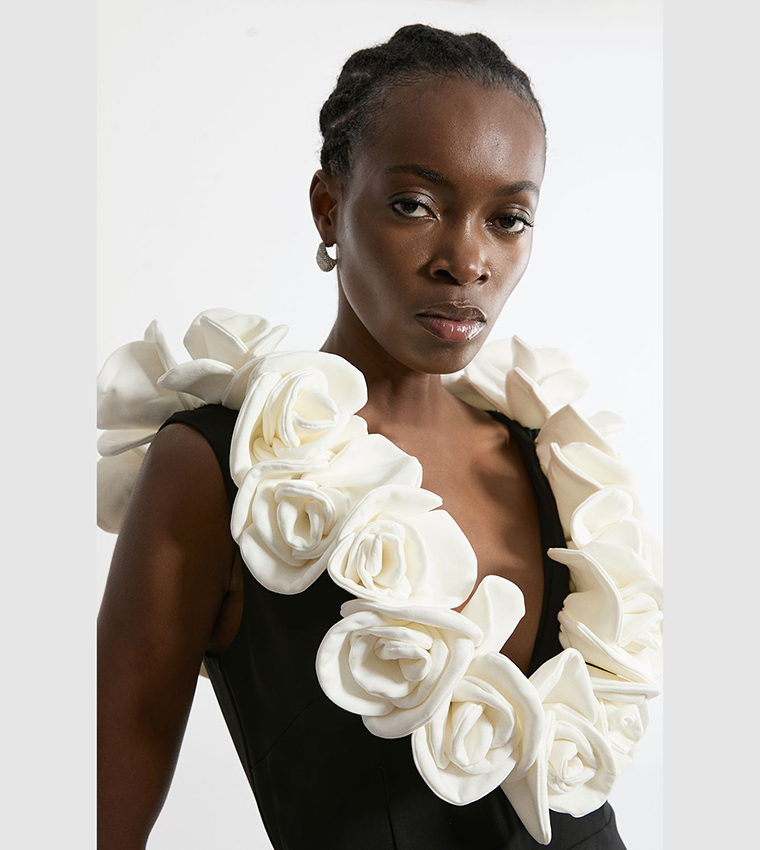 Compact Stretch Viscose Rosette Tailored Maxi Dress