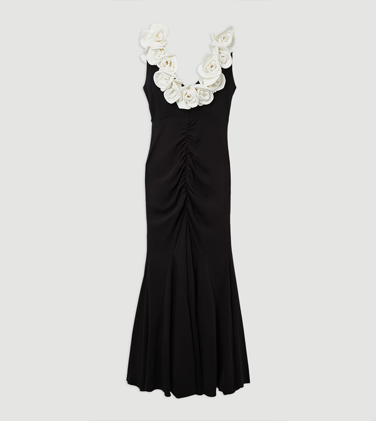 Compact Stretch Viscose Rosette Tailored Maxi Dress