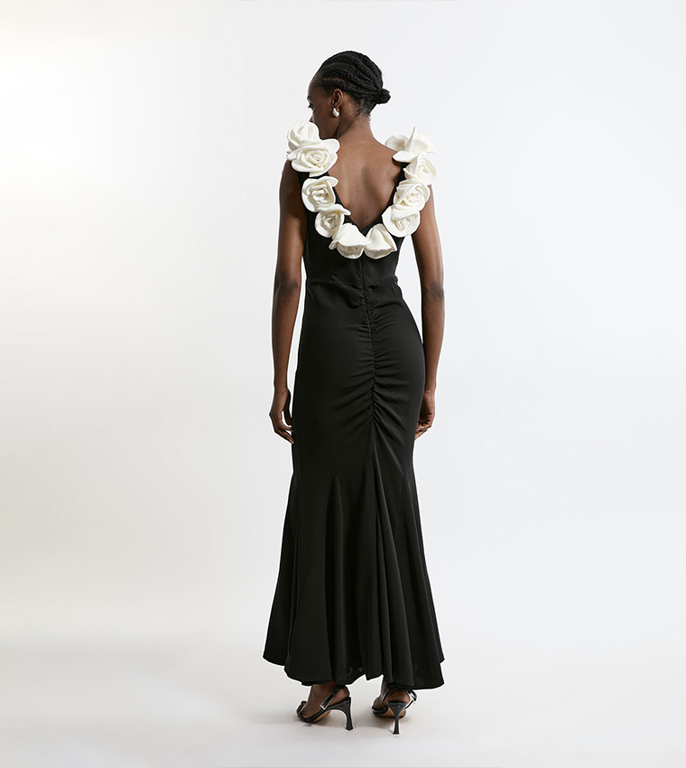 Compact Stretch Viscose Rosette Tailored Maxi Dress