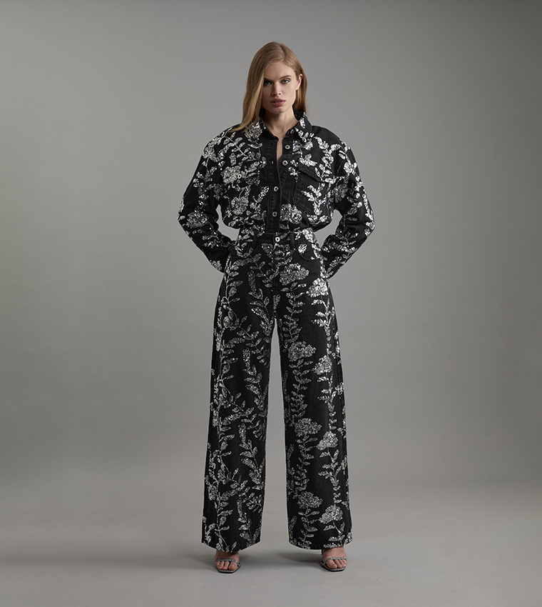 Denim All Over Floral Sequin Wide Leg Trousers