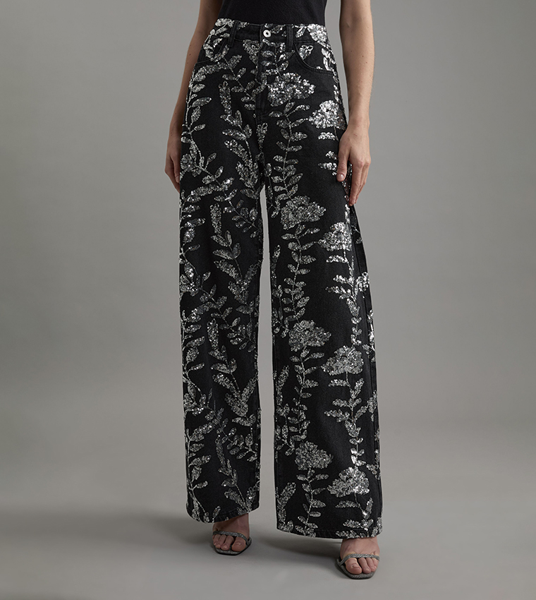 Denim All Over Floral Sequin Wide Leg Trousers