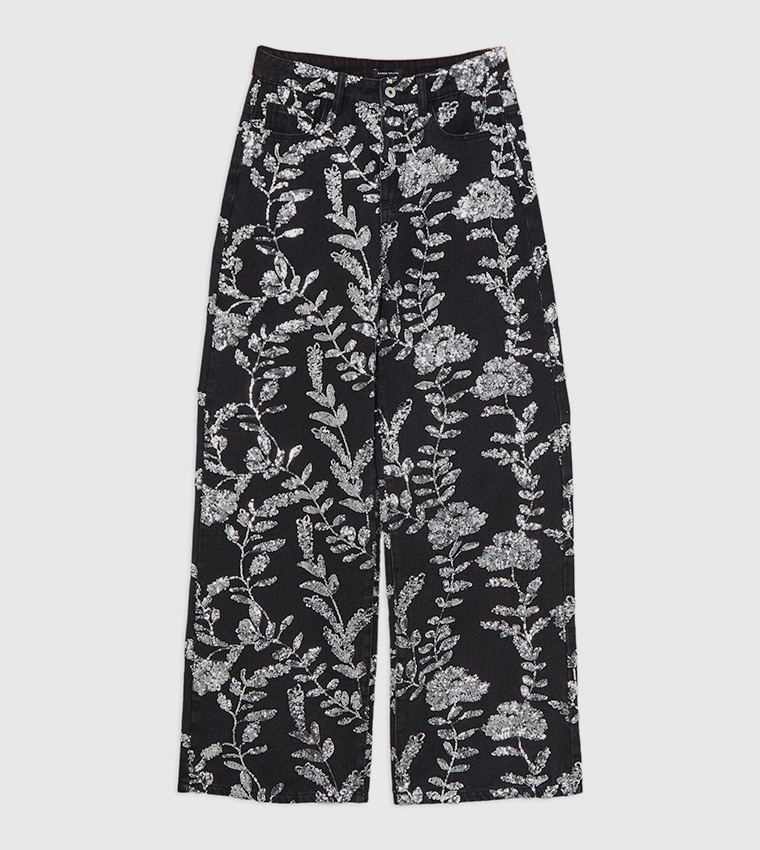 Denim All Over Floral Sequin Wide Leg Trousers
