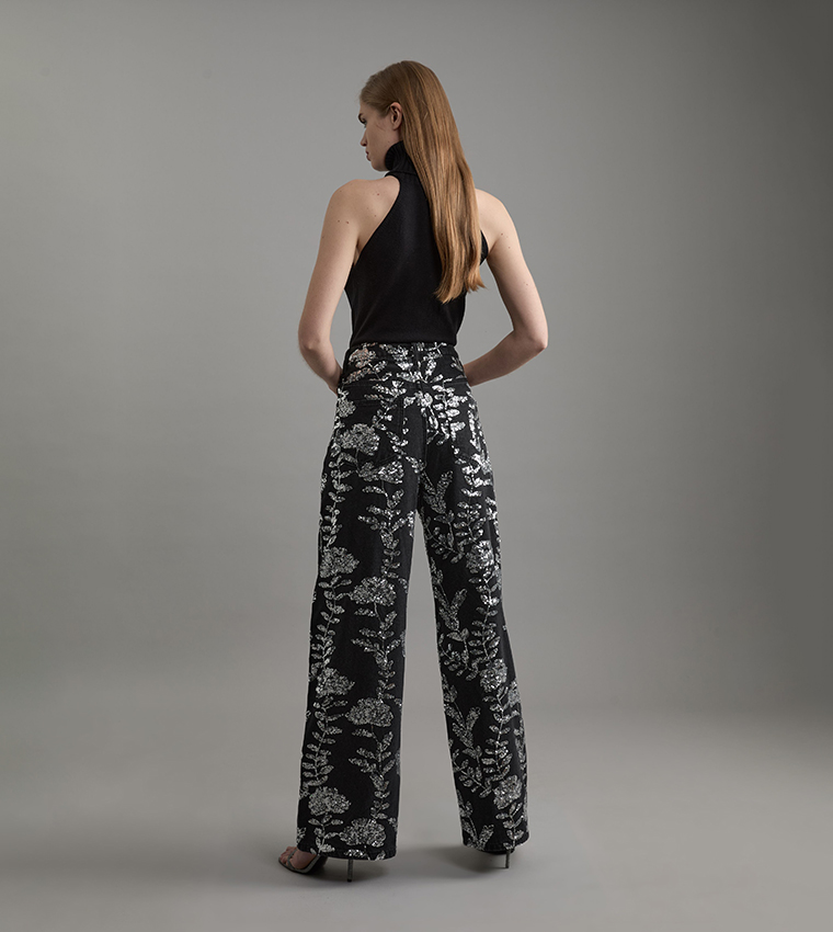 Denim All Over Floral Sequin Wide Leg Trousers