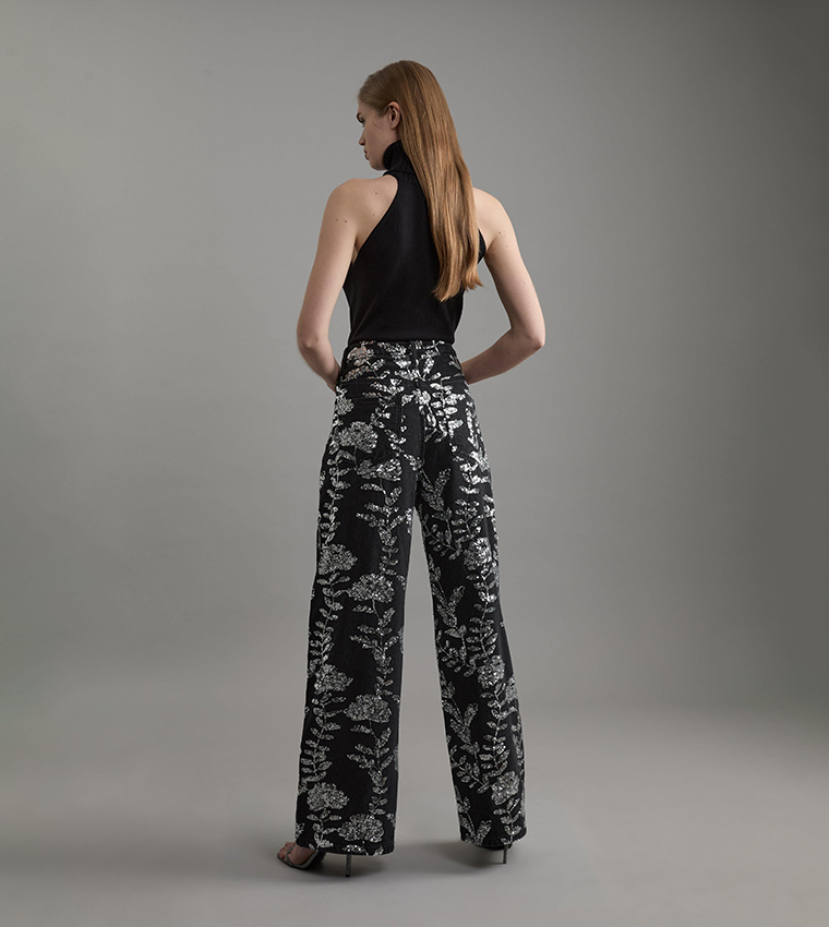Denim All Over Floral Sequin Wide Leg Trousers