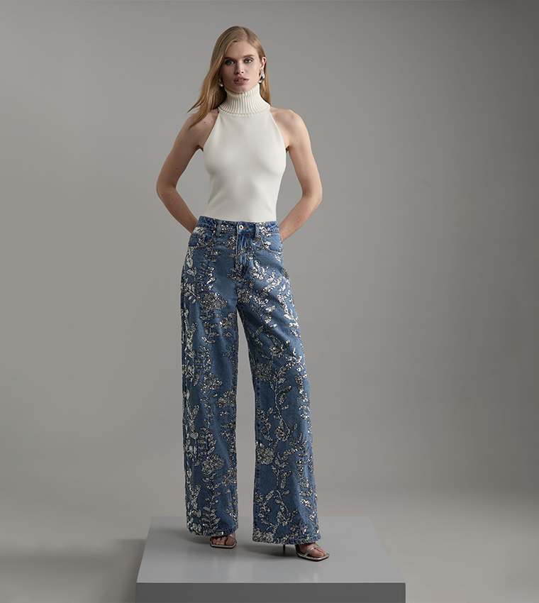 Washed Sequined Wide Leg Jeans