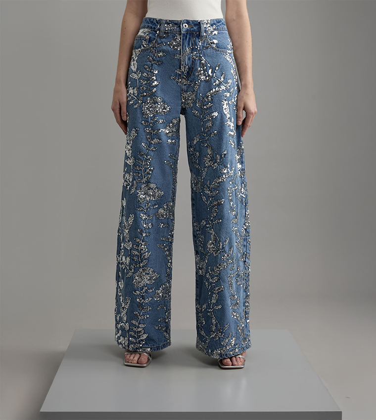 Washed Sequined Wide Leg Jeans
