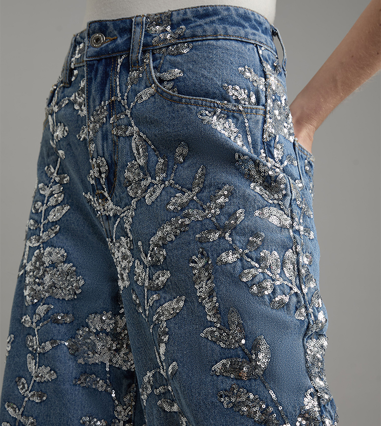 Washed Sequined Wide Leg Jeans