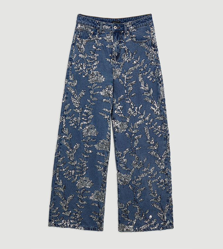 Washed Sequined Wide Leg Jeans