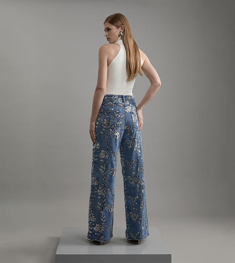 Washed Sequined Wide Leg Jeans