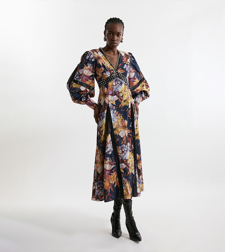 Tall Floral Printed Studded Lace Woven Maxi Dress
