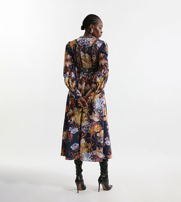 Tall Floral Printed Studded Lace Woven Maxi Dress