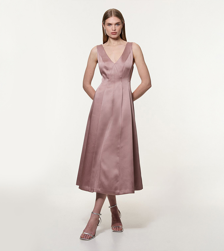 Viscose Satin Structured Tailored Seam Detail Midi Dress