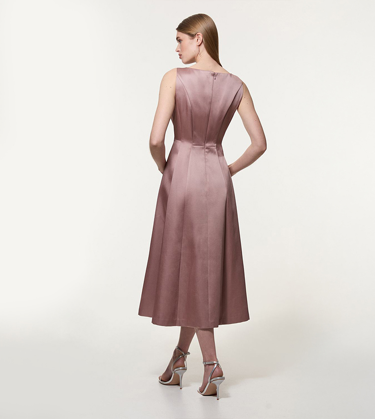 Viscose Satin Structured Tailored Seam Detail Midi Dress