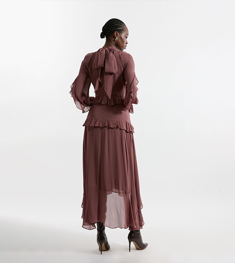 فستان ماكسي منسوج فيسكوز جورجيت بكشكشة للمقاسات الطويلة  