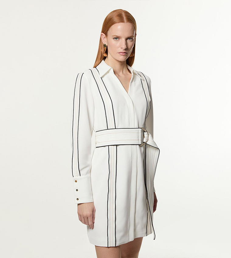 Soft Tailored Contrast Tipped Belted Wrap Mini Dress