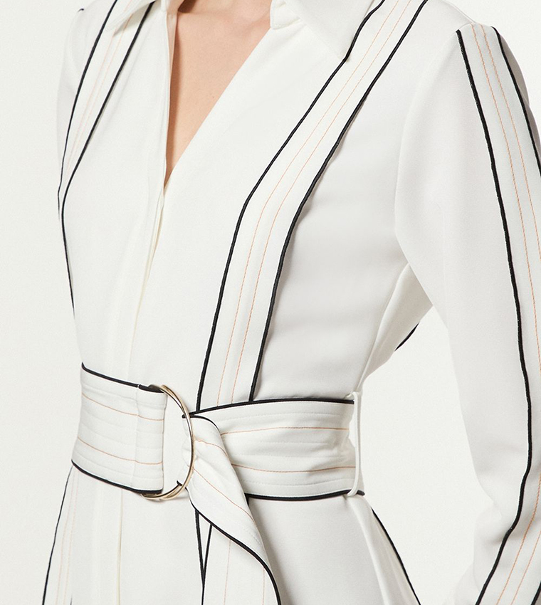 Soft Tailored Contrast Tipped Belted Wrap Mini Dress