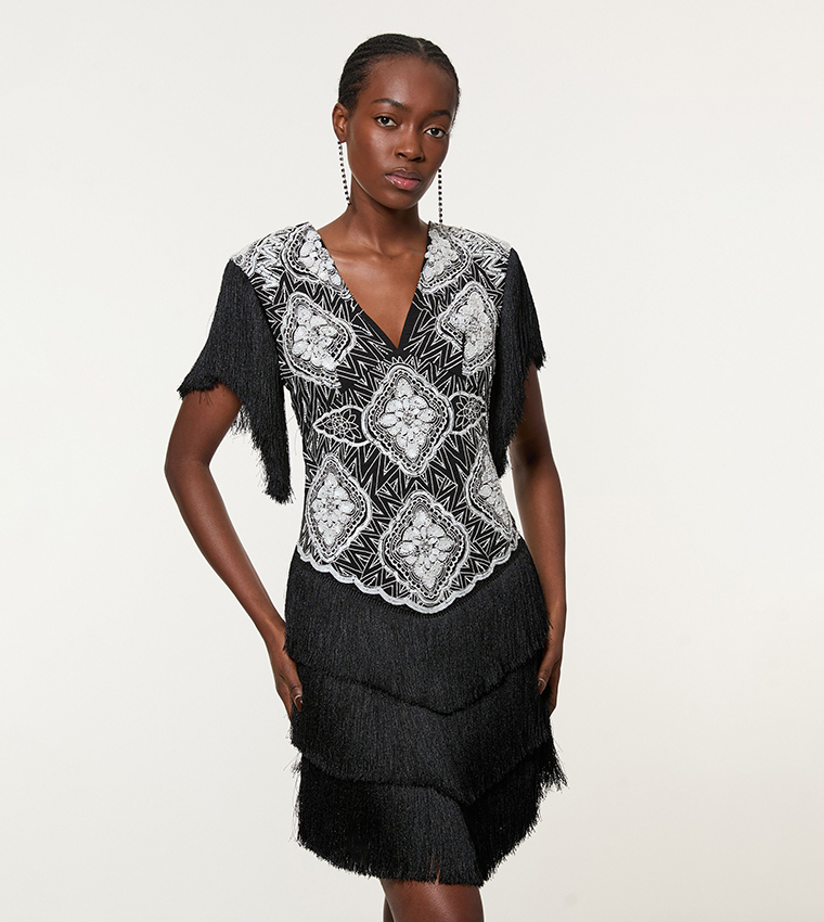 Embellished Fringe Strappy Woven Mini Dress