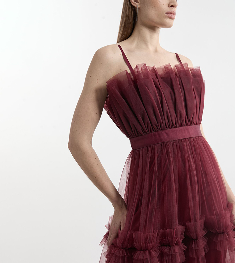 tulle bandeau tiered midi dress Fig KarenMillen Tulle Bandeau Tiered Midi Dress