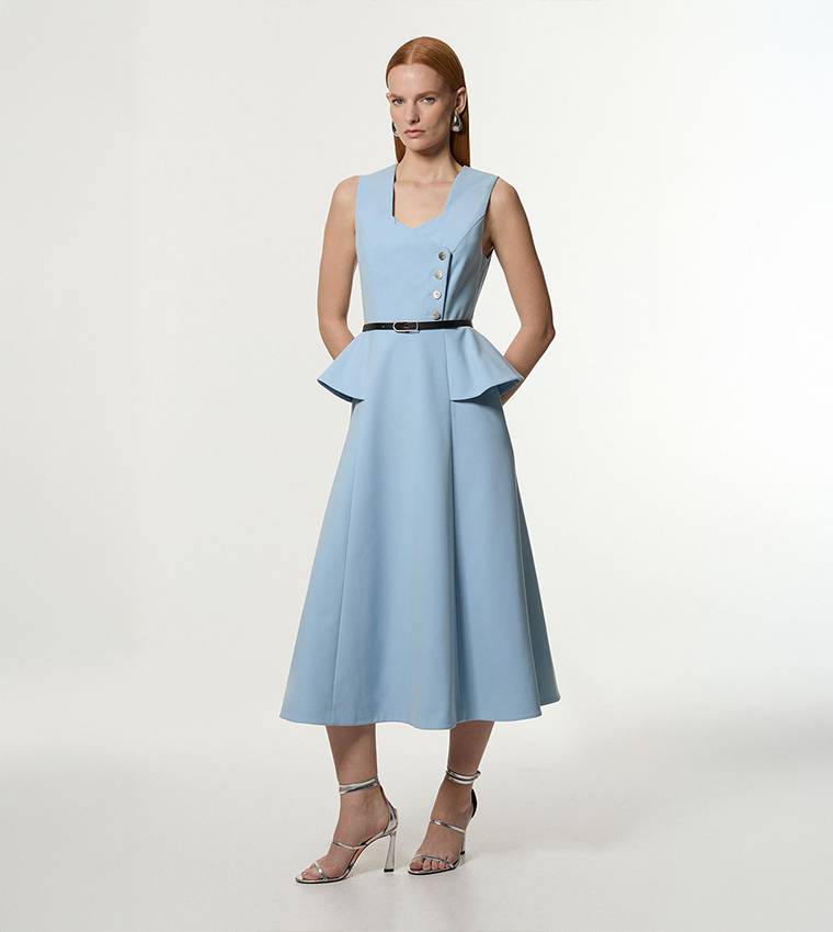 Buy Karen Millen Belted Peplum Detail Flareded Midi Dress In Light Blue |  6thStreet Qatar