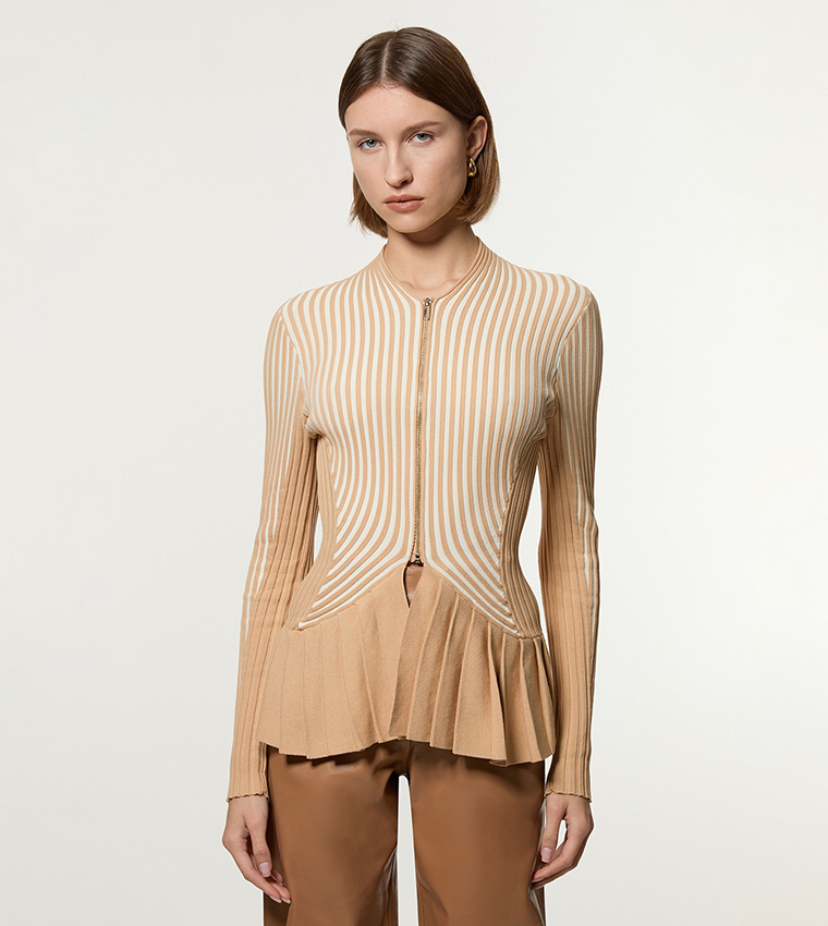 Striped Zip Through Peplum Knitted Jacket