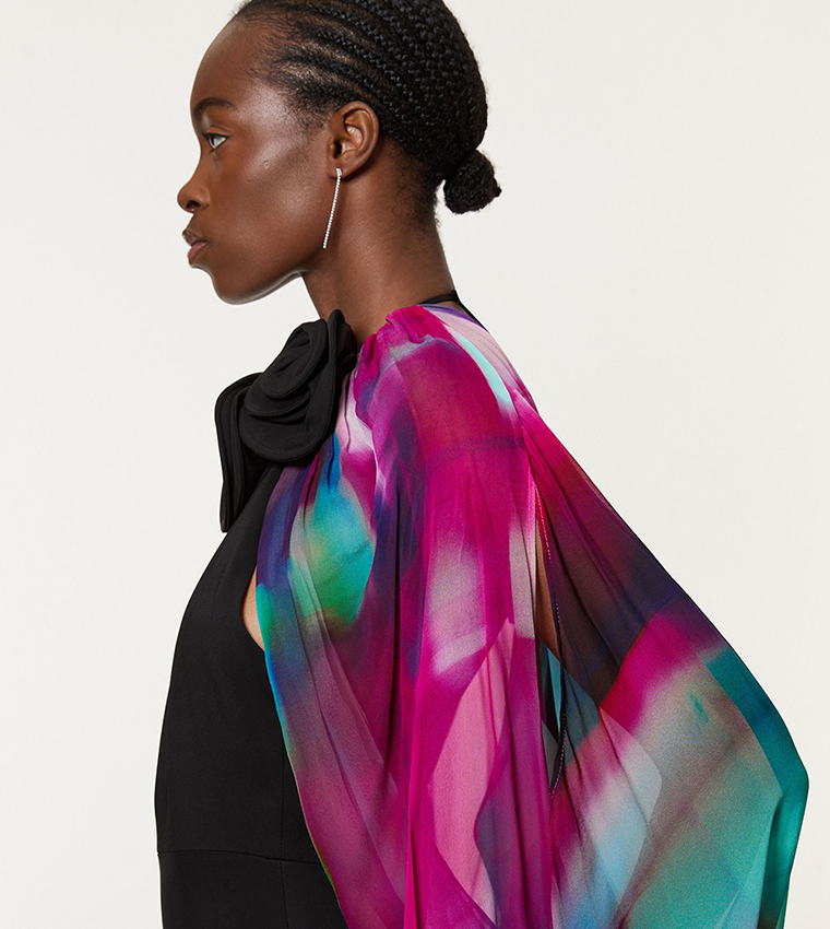 Printed Viscose Cady Cold Shoulder Maxi Dress