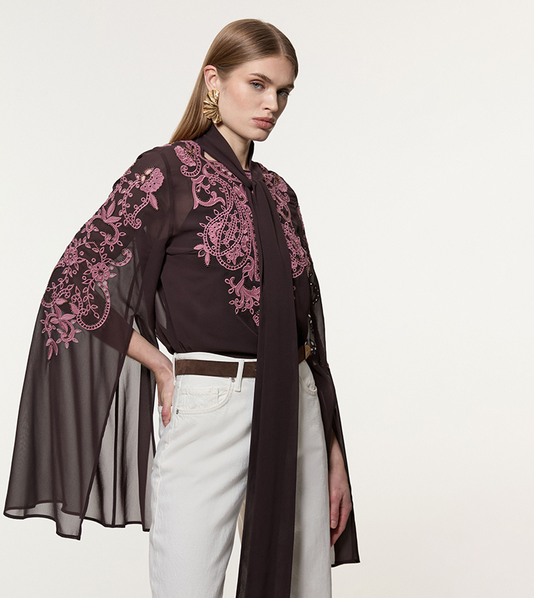 Cut-Work Tie Neck Woven Top