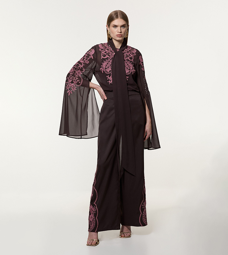 Cut-Work Tie Neck Woven Top