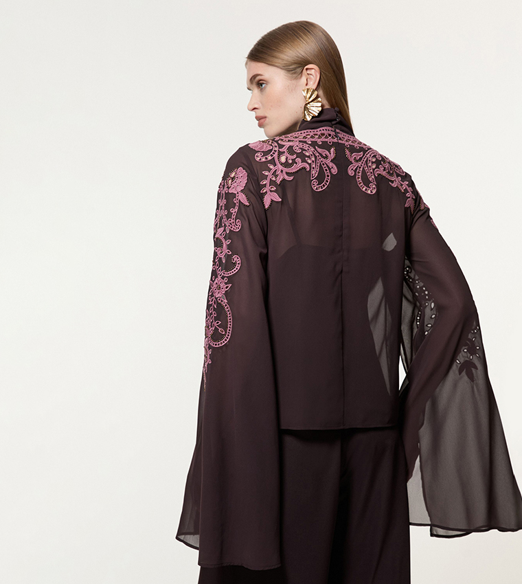 Cut-Work Tie Neck Woven Top