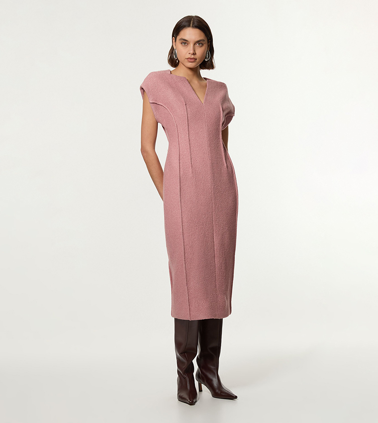 Textured Wool Blend Darted Midi Dress