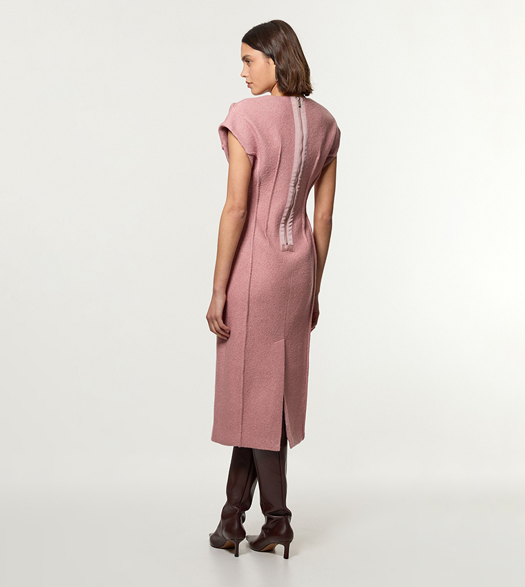 Textured Wool Blend Darted Midi Dress