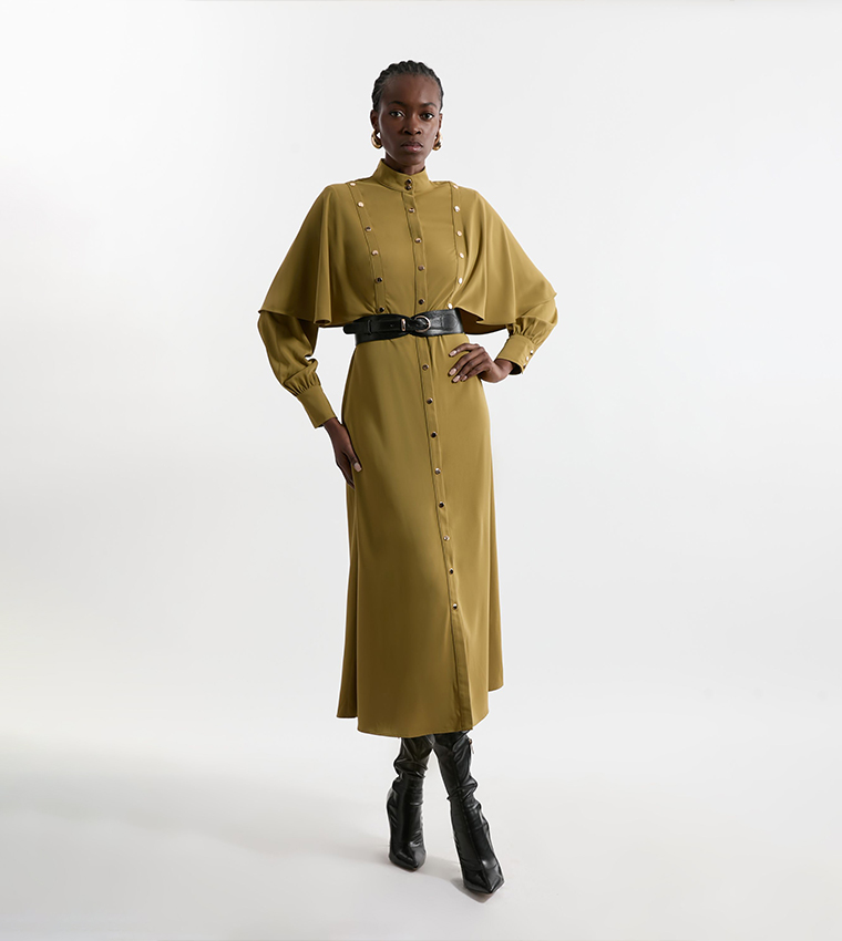 Studded Crepe Cape Sleeves Woven Maxi Dress