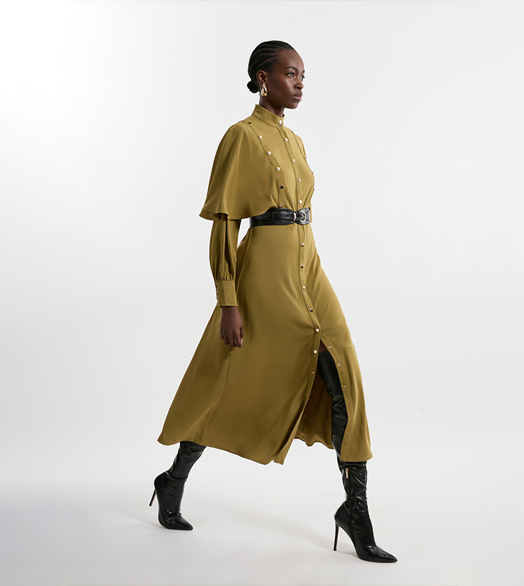 Studded Crepe Cape Sleeves Woven Maxi Dress
