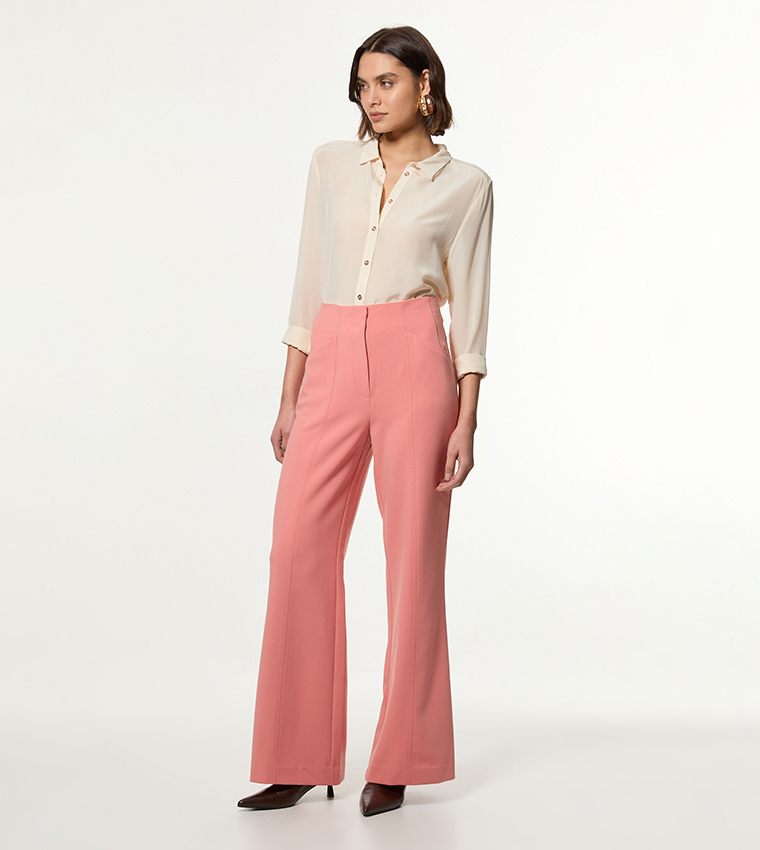 Compact Stretch Tailored Seam Detail Wide Leg Trousers