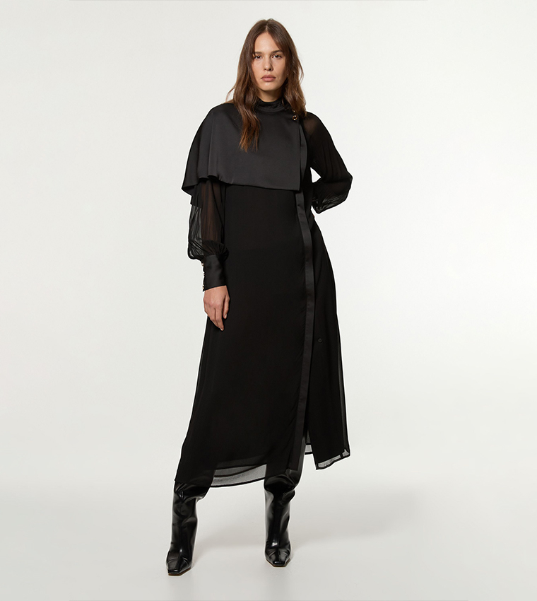 Tall Military Sheer Cape Detail Woven Maxi Dress