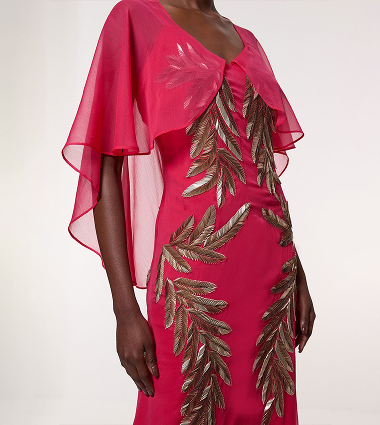 Feather Embellished Woven Cape Sleeves Maxi Dress