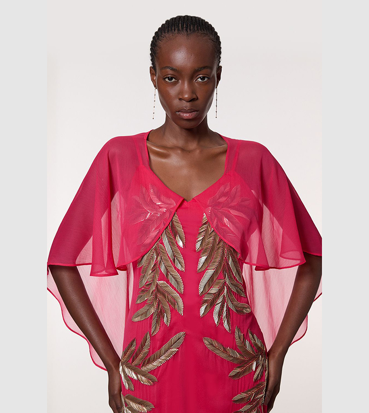 Feather Embellished Woven Cape Sleeves Maxi Dress